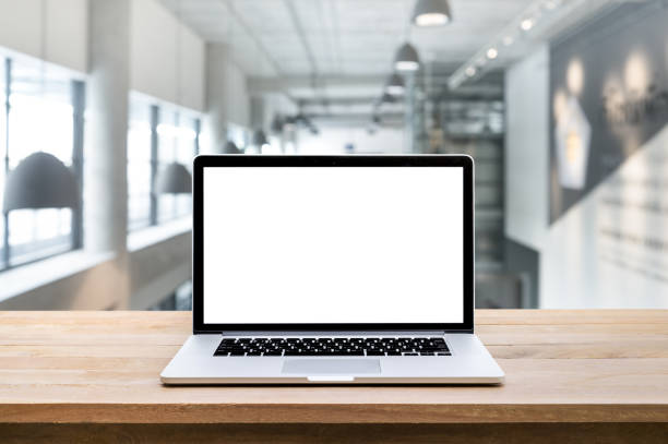 Modern computer,laptop with blank screen on blur modern/contemporary hall backgrounds