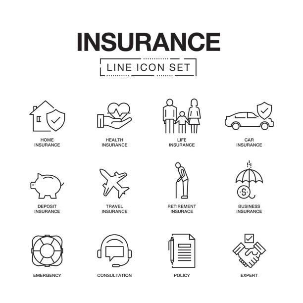 illustrazioni stock, clip art, cartoni animati e icone di tendenza di set icone linea assicurativa - auto accidents symbol insurance computer icon