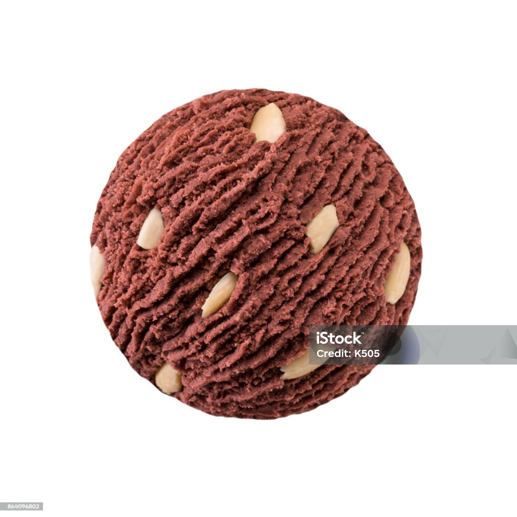 chocolate ice cream scoop with big almonds Chocolate brown cocoa  ice-cream ball with big nuts pieces Advertisement Stock Photo