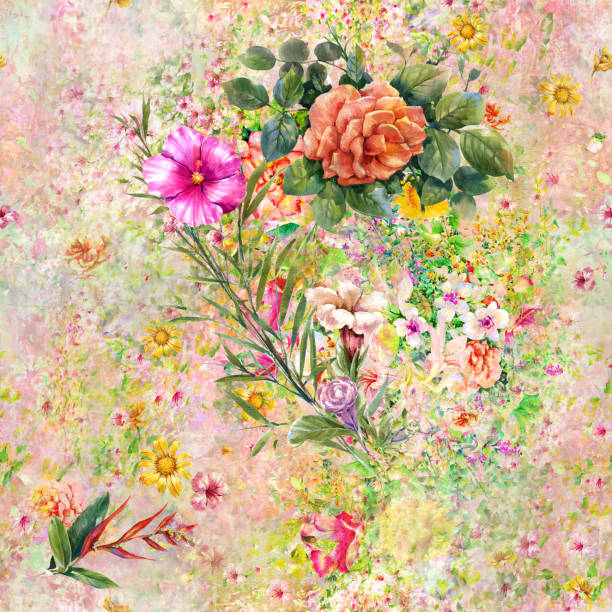 istock Watercolor painting of leaf and flowers, seamless pattern 864104160