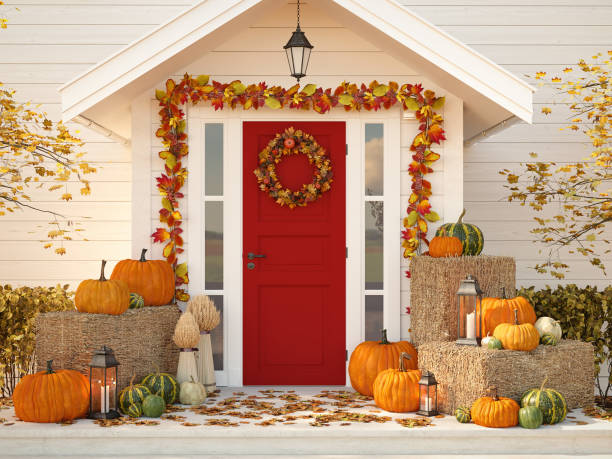 istock autumn decorated house with pumpkins and hay. 3d rendering 864107168