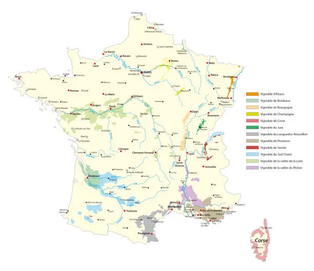 Vector illustration of wine-growing areas map in France