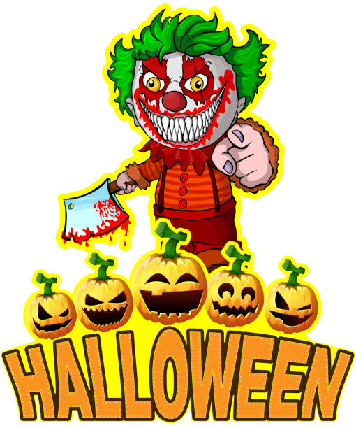 illustrazioni stock, clip art, cartoni animati e icone di tendenza di poster di halloween con clown che tiene in mano un knif. - circus bizarre men make up