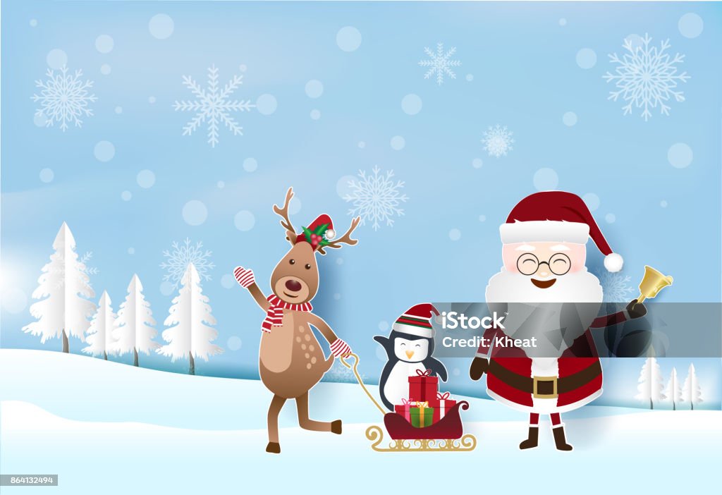 Christmas season with Santa, deer with gift boxes on sleigh Paper art illustration, Paper cut style Abstract stock vector