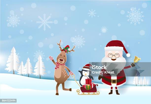 Christmas Season With Santa Deer With Gift Boxes On Sleigh Paper Art Illustration Paper Cut Style Stock Illustration - Download Image Now