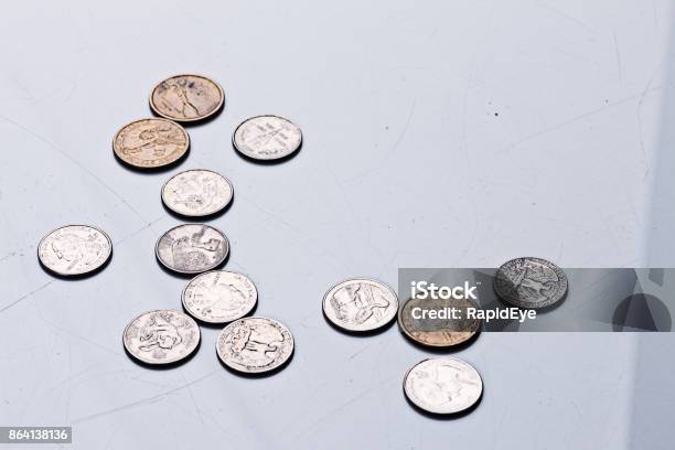 American Coins Scattered On A Gray Background Stock Photo - Download Image Now - Allowance, Bright, Coin