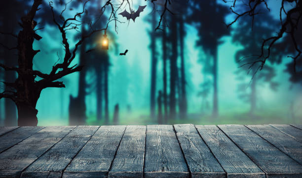 istock Spooky halloween background with empty wooden planks 864156480
