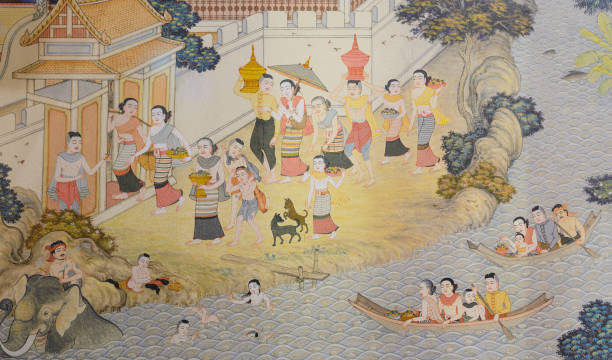istock Buddhist temple mural painting in  Thailand 864165218