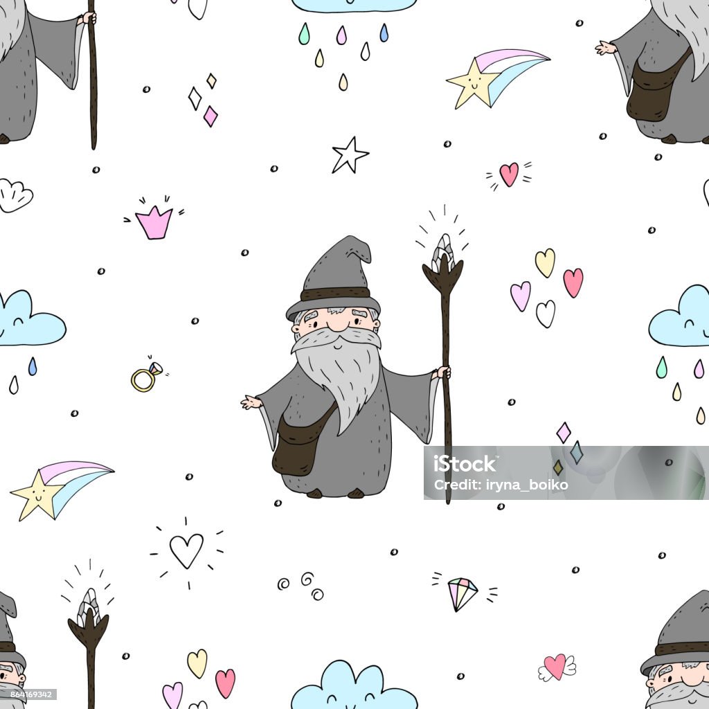 Cute Hand Drawn Seamless Pattern With Wizard Vector Print Stock ...