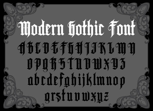 Vintage gothic font Vector modern gothic alphabet in frame. Vintage font. Typography for labels, headlines, posters etc. tattoo fonts stock illustrations