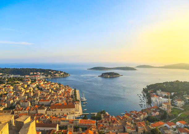 Beautiful view of the town of Hvar on the island of Hvar in Croatia the view from the fortress of the town Hvar croatian culture photos stock pictures, royalty-free photos & images