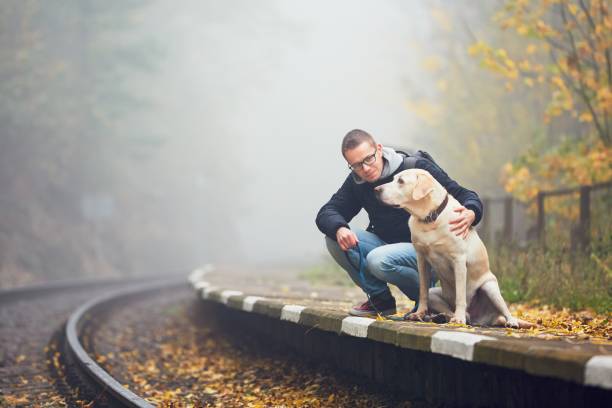 istock Man traveling with his dog by train 864212238