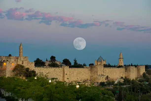 Supermoon over the Tower of David and the Old City walls, Jerusalem