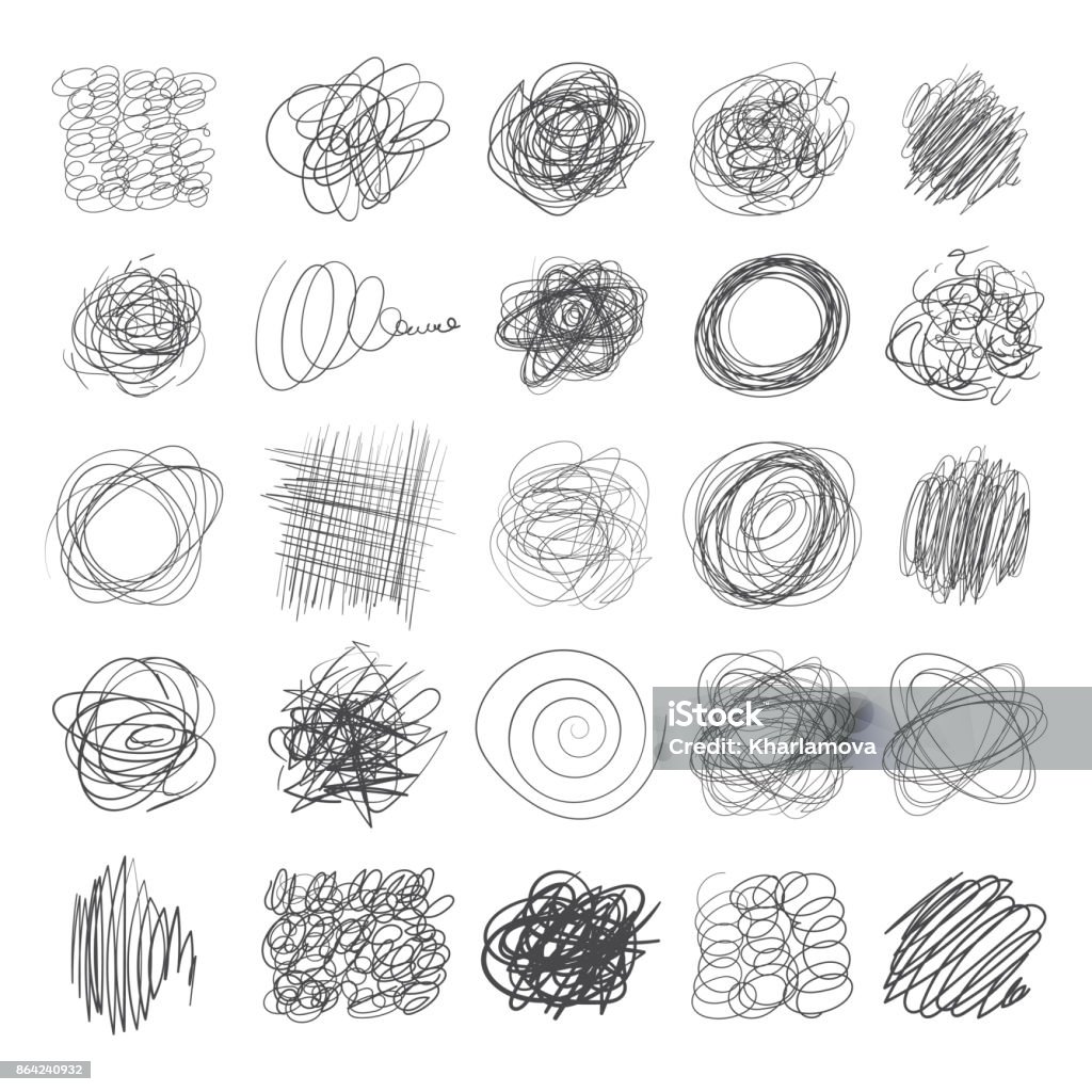 Set of ink lines of hand drawn textures, scribbles of pen Set of ink lines of hand drawn textures, scribbles of pen. Vector illustration. Isolated on white background Scribble stock vector