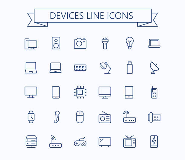 illustrations, cliparts, dessins animés et icônes de appareils électroniques vecteur ligne mince mini icônes ensemble. grille de 24 x 24. course de pixel de perfect.editable. - power supply audio