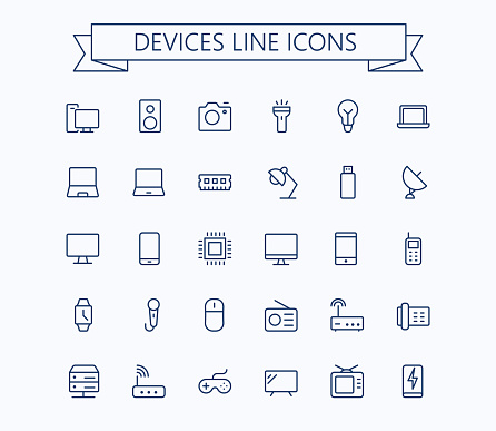 Electronic devices vector thin line mini icons set. 24x24 Grid. Pixel Perfect.Editable stroke. eps 10