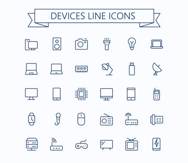 Vector illustration of Electronic devices vector thin line mini icons set. 24x24 Grid. Pixel Perfect.Editable stroke.
