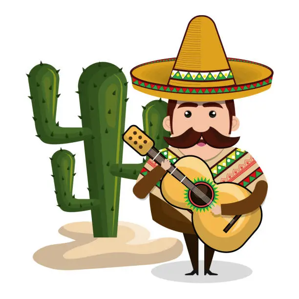 Vector illustration of man mexican with guitar and cactus graphic