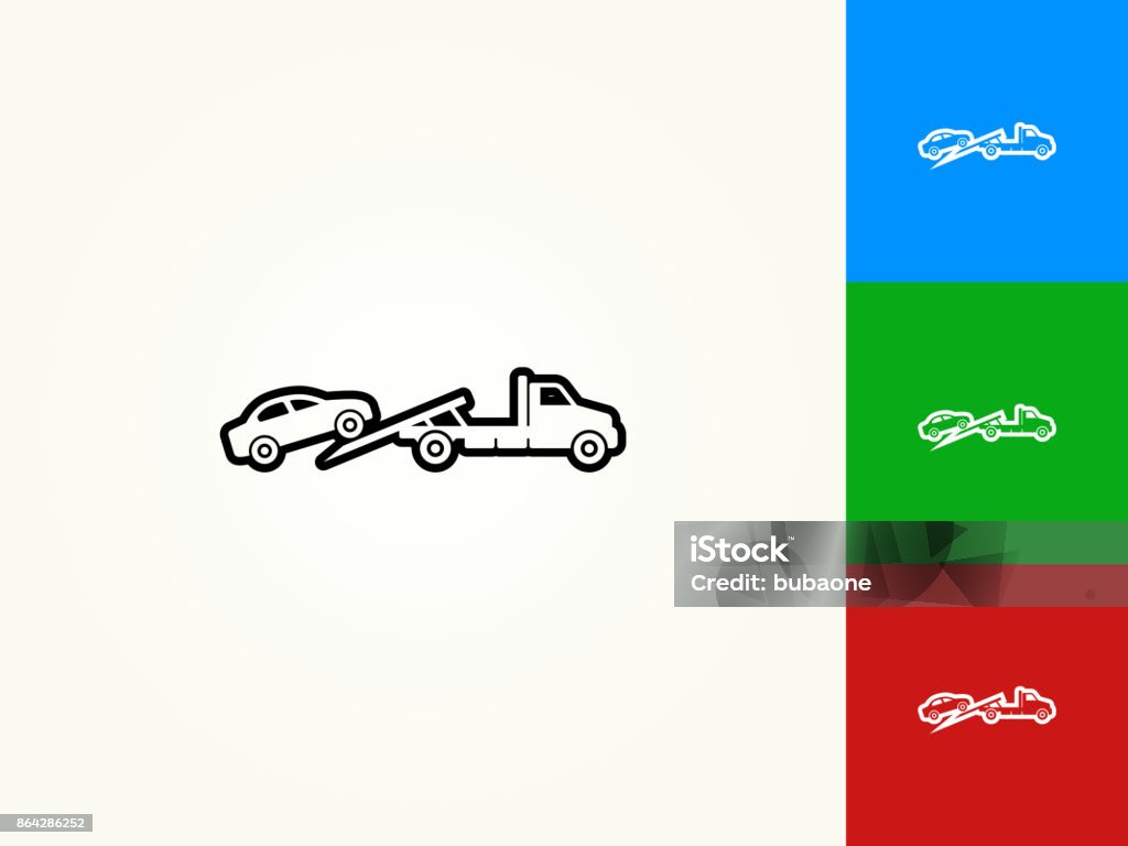 Towing Truck Black Stroke Linear Icon Towing Truck Black Stroke Linear Icon. This royalty free vector illustration is featuring a black outline linear icon on a light background. The stroke is editable and the width of the line can be easily adjusted. The icon can also be converted to have a black fill color. The download includes 3 additional versions of this icon on blue, green and red background. Hook - Equipment stock vector