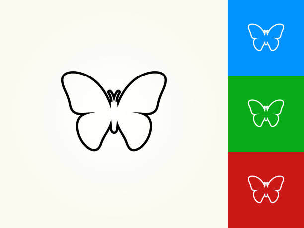 Butterfly Black Stroke Linear Icon Butterfly Black Stroke Linear Icon. This royalty free vector illustration is featuring a black outline linear icon on a light background. The stroke is editable and the width of the line can be easily adjusted. The icon can also be converted to have a black fill color. The download includes 3 additional versions of this icon on blue, green and red background. black and red butterfly stock illustrations
