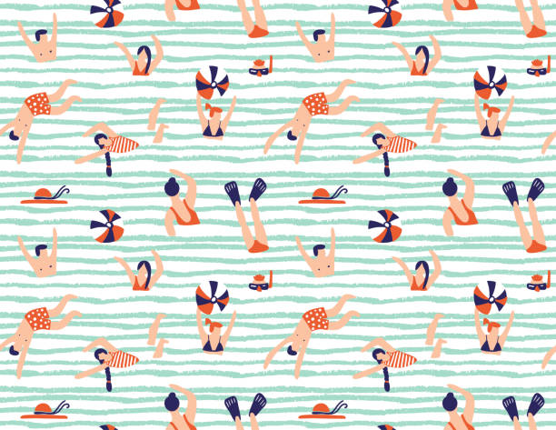 Summer seamless pattern. People swimming in the sea. Vector illustration with swimmers. Summer seamless pattern. People swimming in the sea. Vector illustration with swimmers. beach designs stock illustrations