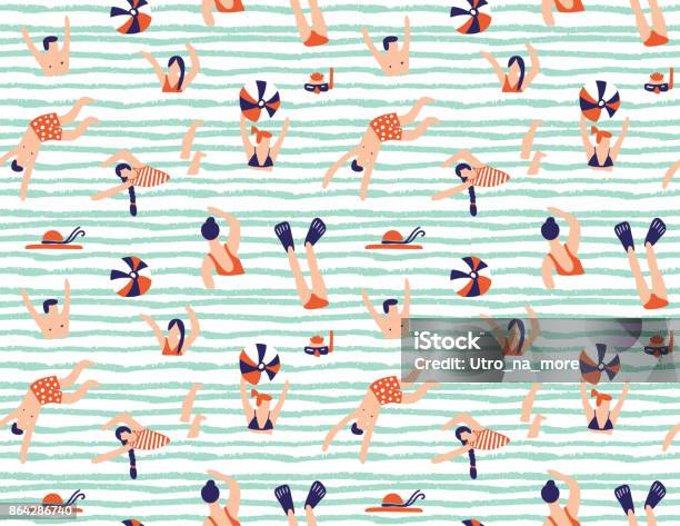 Summer Seamless Pattern People Swimming In The Sea Vector Illustration With Swimmers Stock Illustration - Download Image Now