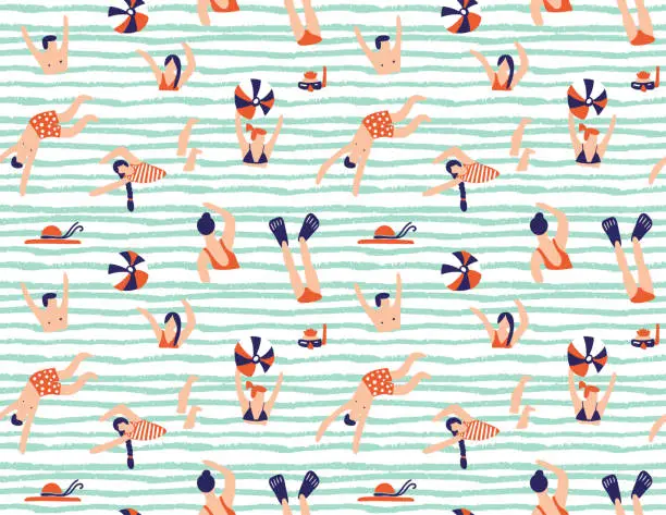 Vector illustration of Summer seamless pattern. People swimming in the sea. Vector illustration with swimmers.