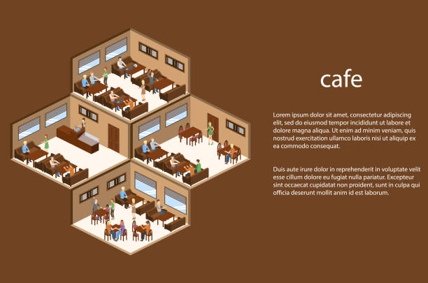 ilustraciones, imágenes clip art, dibujos animados e iconos de stock de vector 3d isométrico ilustración diseño interior cafetería, tienda de café con camareras y visitantes - isometric people cafe coffee shop