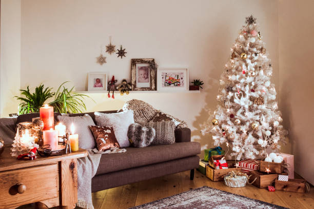 nordic christmas with a white christmas tree - white denmark nordic countries winter imagens e fotografias de stock