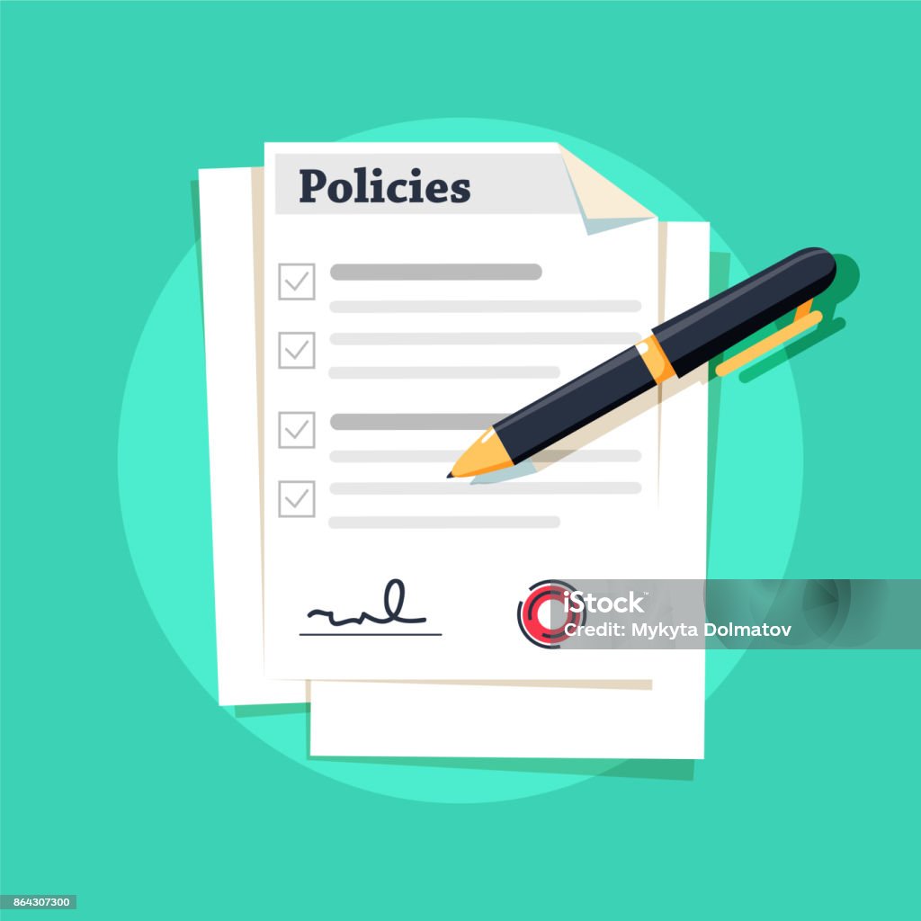 Policies document. Policies regulation concept list document company clipboard, vector illustration. Policies document. Policies regulation concept list document company clipboard, vector illustration. Ink pen lying on a contract or application form, top angle of view Strategy stock vector