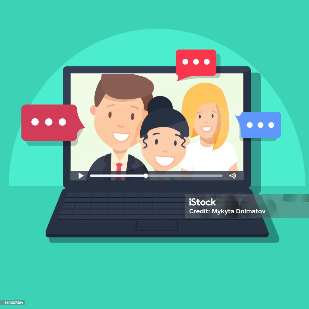 Cartoon Chat @desktop Video Chatting Online On Computer Vector Illustration Flat Cartoon ...