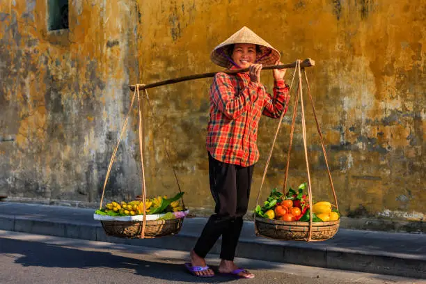 Vietnamese woman selling tropical fruits, old town in Hoi An city, Vietnam. Hoi An is situated on the east coast of Vietnam. Its old town is a UNESCO World Heritage Site because of its historical buildings.