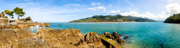 vue panoramique od l’estuaire de la rivière oka. mundaka et hondartza beach. pays basque, province de vizcayne, espagne - oka river photos et images de collection