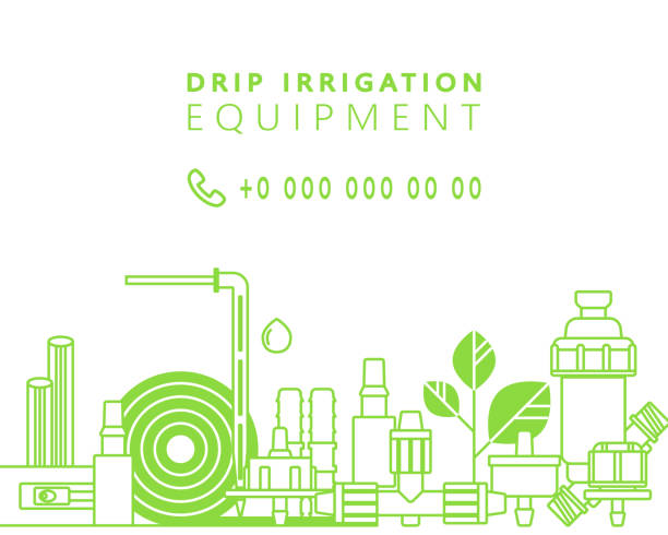 Drip irrigation. Vector background with line icons of equipment for irrigation system in the garden area. Drip irrigation. Vector background with line icons of equipment for irrigation system in the garden area. soil sample stock illustrations