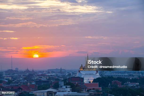 Golden Mount Temple With Sunset In Bangkok At Dusk Stock Photo - Download Image Now