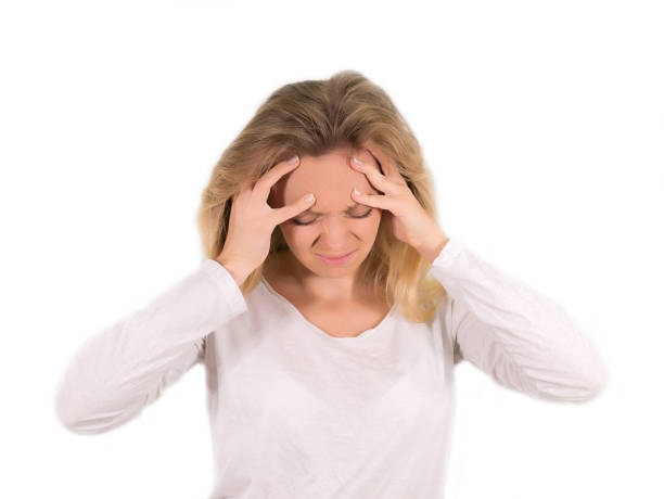 istock Girl blonde a headache. Isolated on a white background. Mockup 864312926