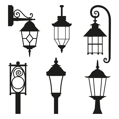 Street lamp black silhouette set isolated on white background. Vector flat illustration can be used as sticker, badge, sign, stamp, icon, banner, icon or label.