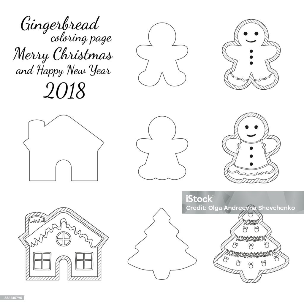 Ginger bread cookie icon icon black and white set. Ginger bread cookie icon icon black and white set. Coloring book page for adults and kids. Vector illustration can be used as sticker, badge, sign, stamp, icon, banner, icon or label. Gingerbread House stock vector