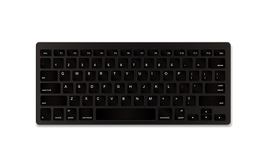 Black realistic plastic keyboard isolated on white background