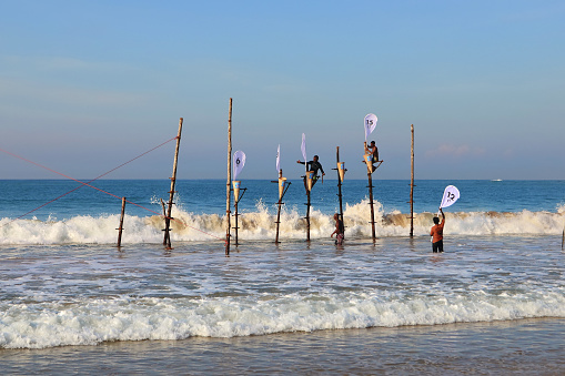 Mirissa, Sri Lanka, 25-02-2017: Preparation for competitions on traditional fishing on poles among Sri Lankan fishermen.