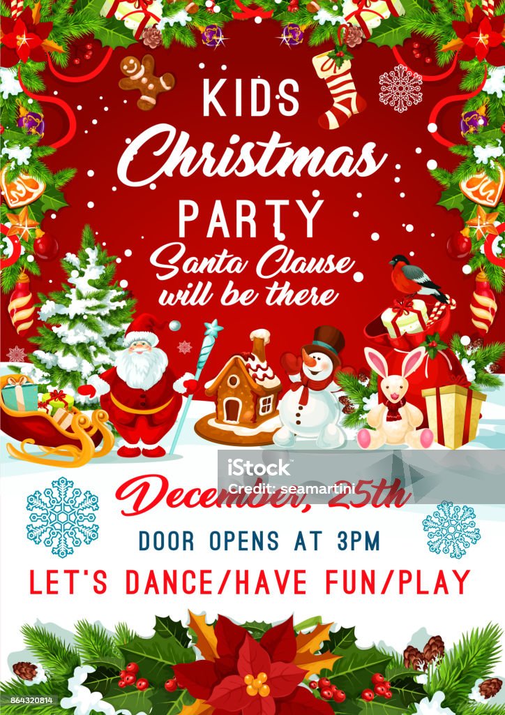 Christmas Santa gifts tree party vector poster Kids Christmas party invitation poster template for New Year winter holiday December party celebration. Vector design of Santa gifts bag, Christmas tree and golden decoration with snowflakes Christmas stock vector