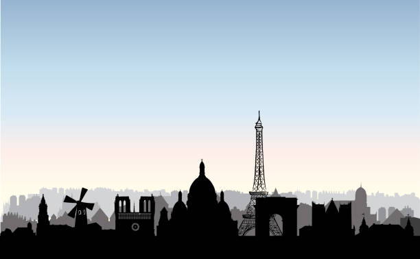 illustrations, cliparts, dessins animés et icônes de silhouette de paris ville bâtiments. paysage urbain français. paris paysage urbain avec des points de repère. voyage france objectif de la ligne d’horizon. vacances en fond d’écran de europe. - louvre