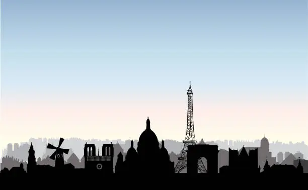 Vector illustration of Paris city buildings silhouette. French urban landscape. Paris cityscape with landmarks. Travel France skyline background. Vacation in Europe wallpaper.