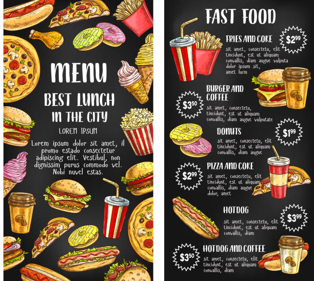 illustrazioni stock, clip art, cartoni animati e icone di tendenza di banner del menu del fast food alla lavagna - american cuisine