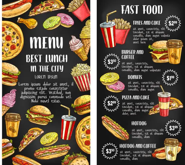 Vector illustration of Fast food restaurant menu banner on chalkboard