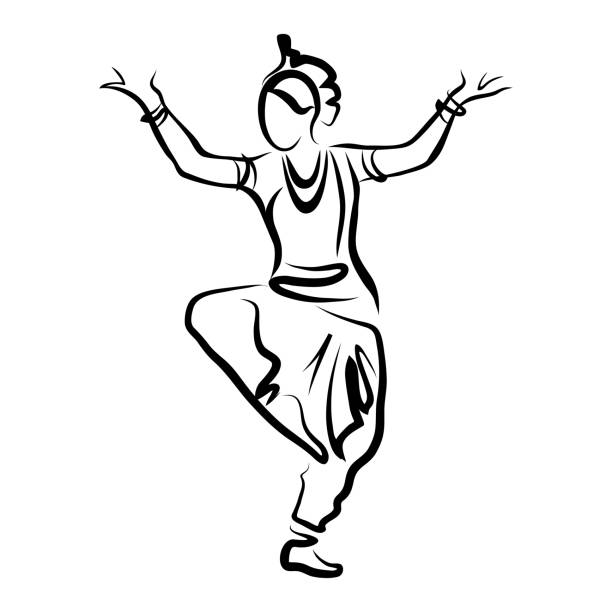 dancing Indian woman Stylized black and white logo dancing Indian woman for design, silhouette of Asian girl in dance bharatanatyam dancing stock illustrations