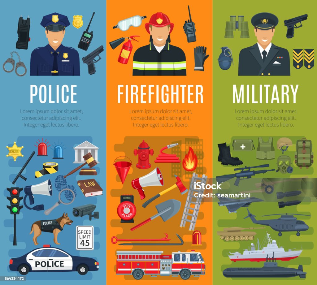 Police, firefighter and military profession banner Police, firefighter and military profession banner set. Policeman, fireman, army soldier or officer professional in uniform with fire fighting equipment, tool and weapon. Emergency service design Police Force stock vector