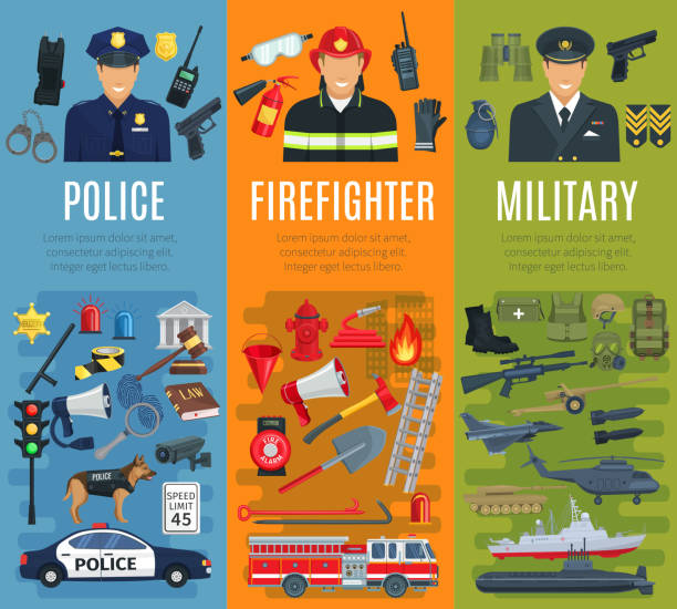 Police, firefighter and military profession banner Police, firefighter and military profession banner set. Policeman, fireman, army soldier or officer professional in uniform with fire fighting equipment, tool and weapon. Emergency service design police and firemen stock illustrations