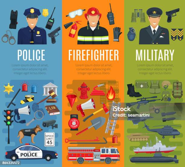 Police Firefighter And Military Profession Banner Stock Illustration - Download Image Now - Police Force, Safety, Firefighter