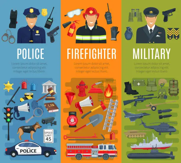 Vector illustration of Police, firefighter and military profession banner